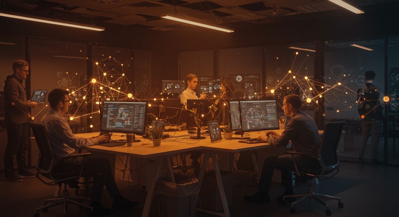 Espacio corporativo futurista mostrando la colaboración y productividad empresarial impulsada por IA con Claude Cowork de Anthropic.