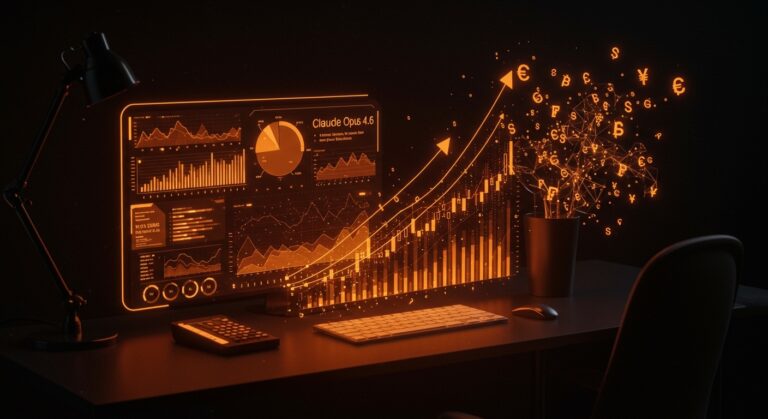Visualización futurista de inteligencia artificial financiera Claude Opus 4.6 de Anthropic analizando datos financieros automatizados.
