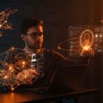 Startup founder gestionando habilidades de agentes IA para automatizar procesos con plataforma tipo npm para agentes inteligentes.