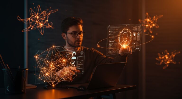 Startup founder gestionando habilidades de agentes IA para automatizar procesos con plataforma tipo npm para agentes inteligentes.