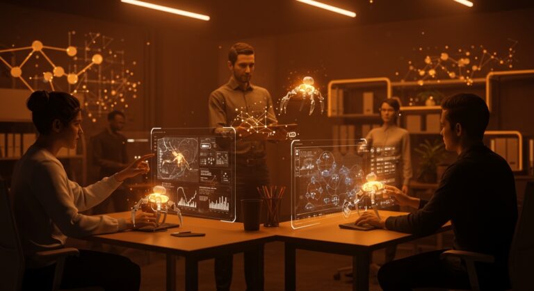 Equipo de startup utilizando Claws framework para orquestar agentes LLM con interfaz modular y componentes NanoClaw en ambiente tecnológico.