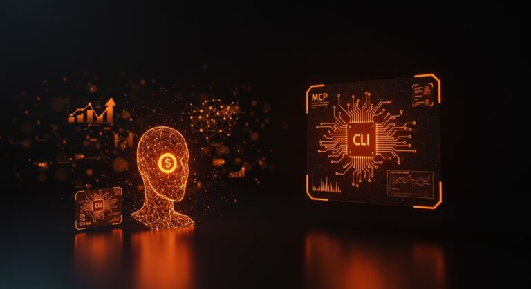 Comparativa visual de reducción de costos de tokens entre CLI y MCP en agentes IA con metáforas de optimización y automatización.