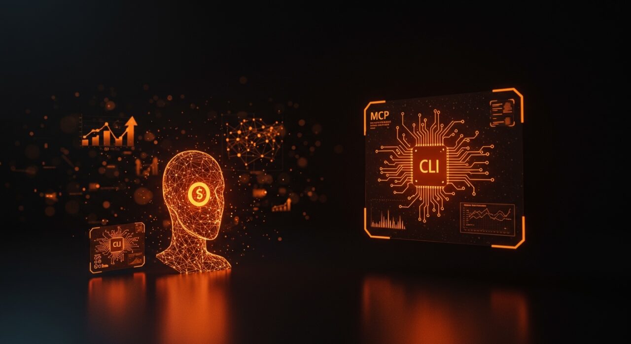 Comparativa visual de reducción de costos de tokens entre CLI y MCP en agentes IA con metáforas de optimización y automatización.