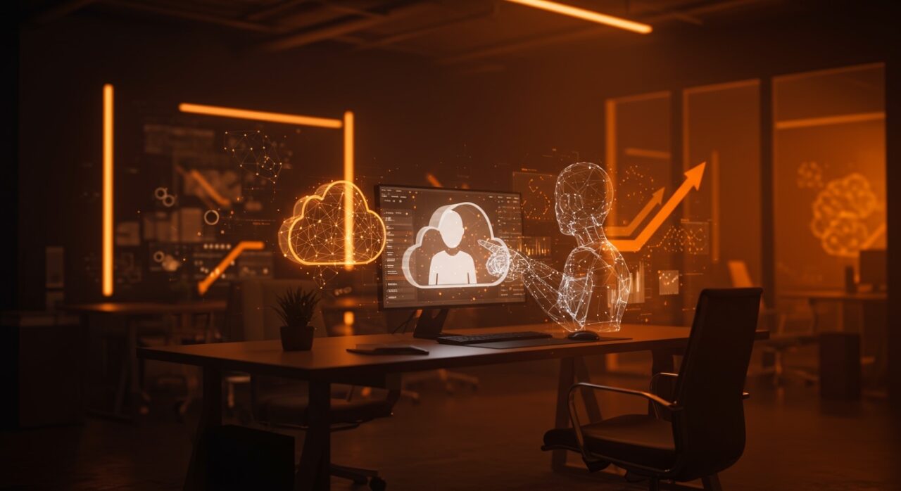 Empleado virtual de inteligencia artificial con escritorio en la nube para automatización y productividad en startups en 2026.