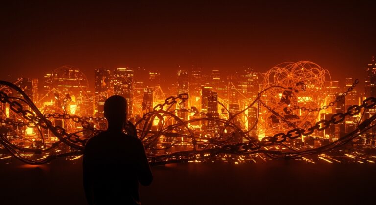 Ilustración de un fundador de startup frente a una red digital fragmentada que representa la caída de Cloudflare y lecciones de resiliencia tecnológica.