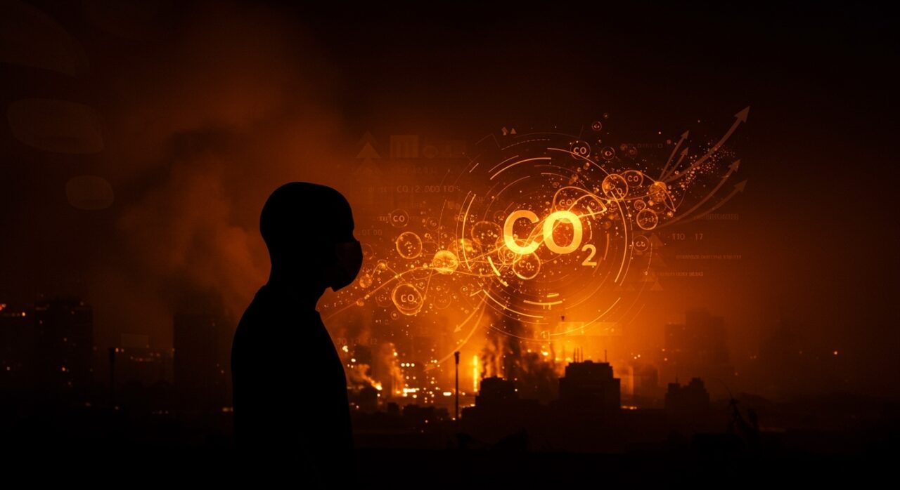 Escena editorial con silueta humana en atmósfera tóxica de CO2 destacando oportunidades en climate tech y salud humana.