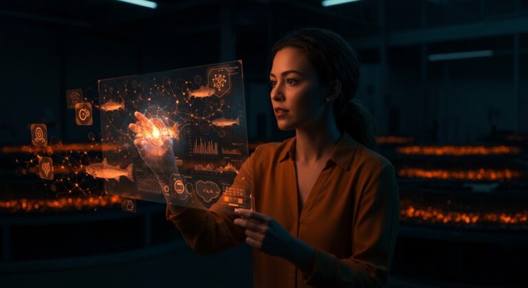 Fundadora de startup biotecnológica Codebreaker Bioscience analizando microbioma acuícola para innovación en salmonicultura en Chile.