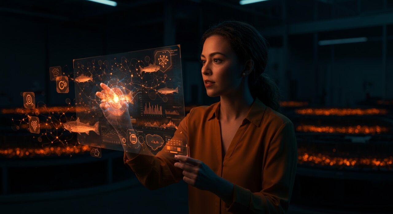 Fundadora de startup biotecnológica Codebreaker Bioscience analizando microbioma acuícola para innovación en salmonicultura en Chile.