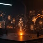 Interfaz holográfica de agentes autónomos de IA colaborando, representando la orquestación multi-agente del OpenAI Codex con un millón de descargas en startups tecnológicas.