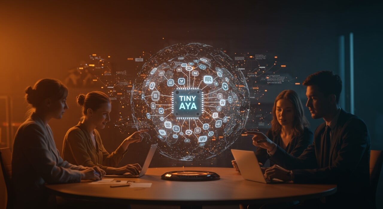 Modelos multilingües de inteligencia artificial Tiny Aya de Cohere visualizados en un entorno tecnológico para startups.