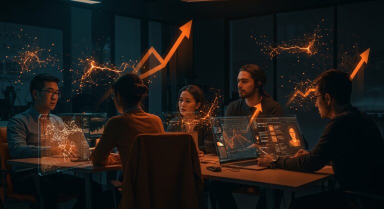 Ex-fundadores técnicos colaborando en agentes de IA en Londres para startup CoLoop de Y Combinator con ambiente tecnológico y paleta ecosistema startup.