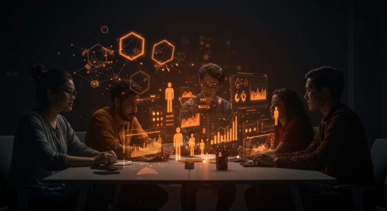 Equipo fundador colaborando en un ambiente de startup early-stage con elementos visuales que representan cultura organizacional y contratación estratégica.