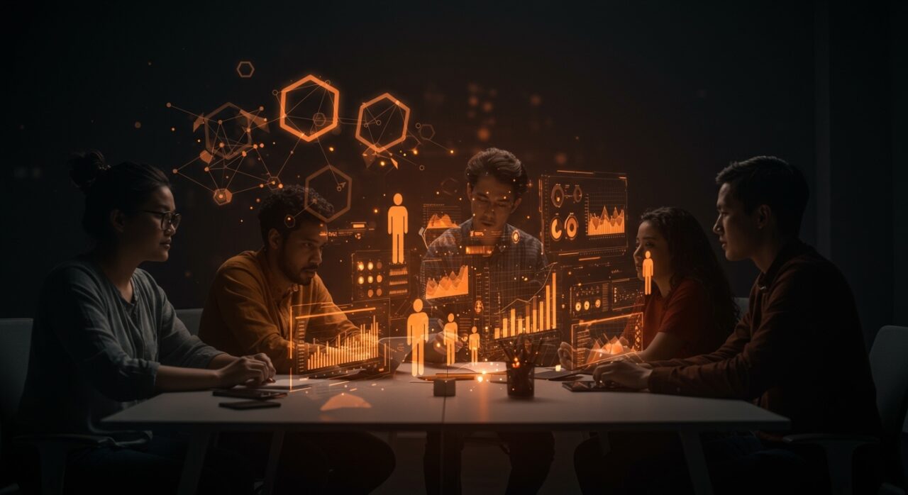 Equipo fundador colaborando en un ambiente de startup early-stage con elementos visuales que representan cultura organizacional y contratación estratégica.