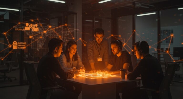 Equipo fundador tech colaborando en espacio moderno, simbolizando habilidades complementarias, cultura organizacional y ecosistema startup latinoamericano.