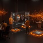 Equipo de startup tecnológico implementando inferencia distribuida con AMD Ryzen AI Max+ para ejecutar modelos LLM localmente en ambiente de alta tecnología.