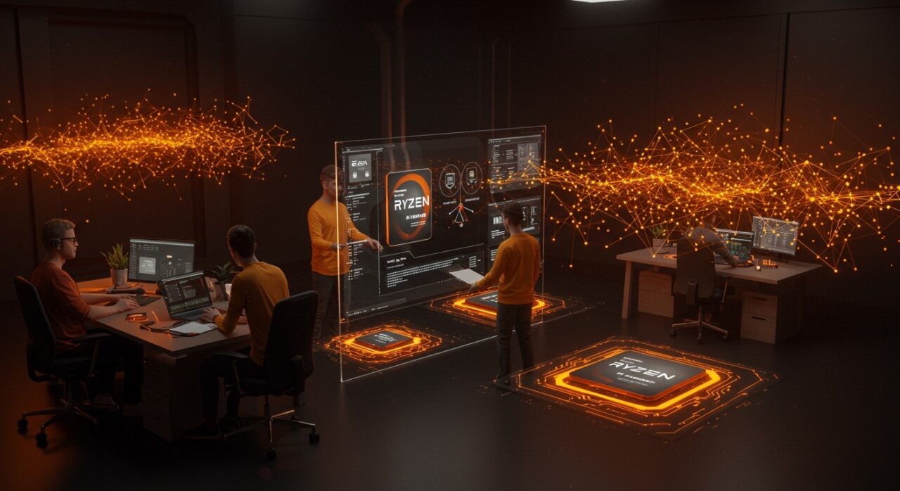 Equipo de startup tecnológico implementando inferencia distribuida con AMD Ryzen AI Max+ para ejecutar modelos LLM localmente en ambiente de alta tecnología.