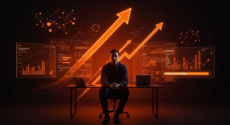 Aplicación al programa a16z Speedrun mostrando emprendedor concentrado en aceleradora startup tecnológica.