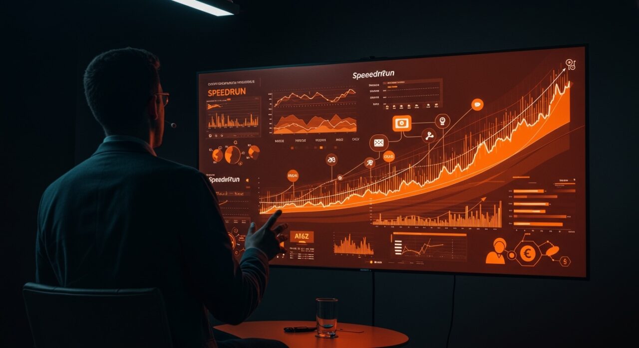 Fundador aplicando al programa Speedrun de a16z con gráficos de aceleradora y flujos de inversión en estilo editorial con paleta naranja y negro.