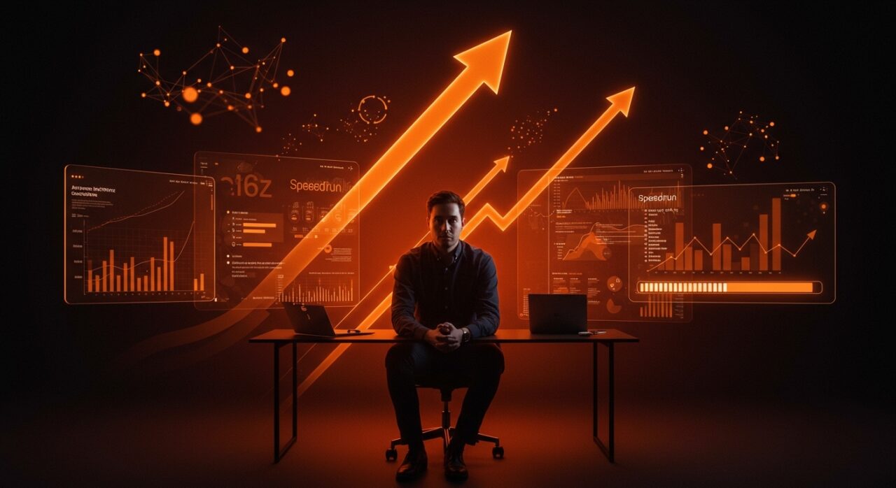 Aplicación al programa a16z Speedrun mostrando emprendedor concentrado en aceleradora startup tecnológica.