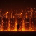 Fundador tecnológico frente a infraestructura digital escalable SaaS con iconografía de microservicios, caching y autoescalado en paleta Ecosistema Startup.