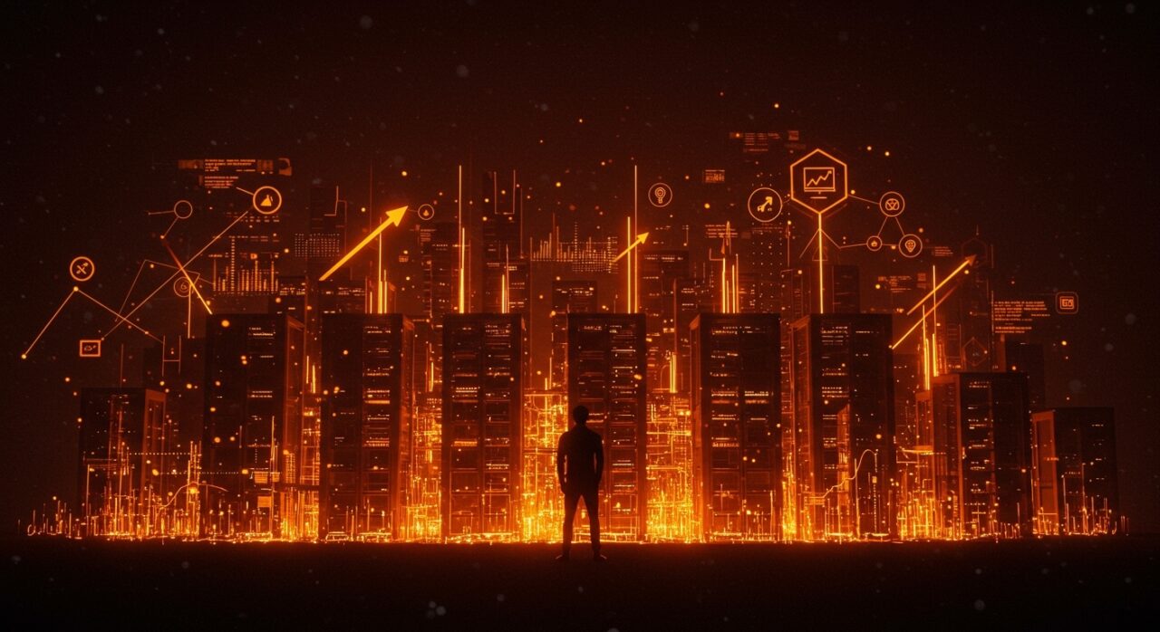 Fundador tecnológico frente a infraestructura digital escalable SaaS con iconografía de microservicios, caching y autoescalado en paleta Ecosistema Startup.