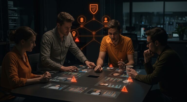 Equipo de founders en startup temprana evaluando contrataciones para evitar errores, con metáforas visuales sobre señales de alerta y el caso Mappa.