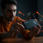 Founder inspeccionando un SSD Samsung 990 Pro para evitar hardware falsificado y proteger la compra en el mercado tecnológico LATAM.