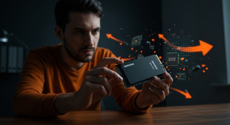 Founder inspeccionando un SSD Samsung 990 Pro para evitar hardware falsificado y proteger la compra en el mercado tecnológico LATAM.