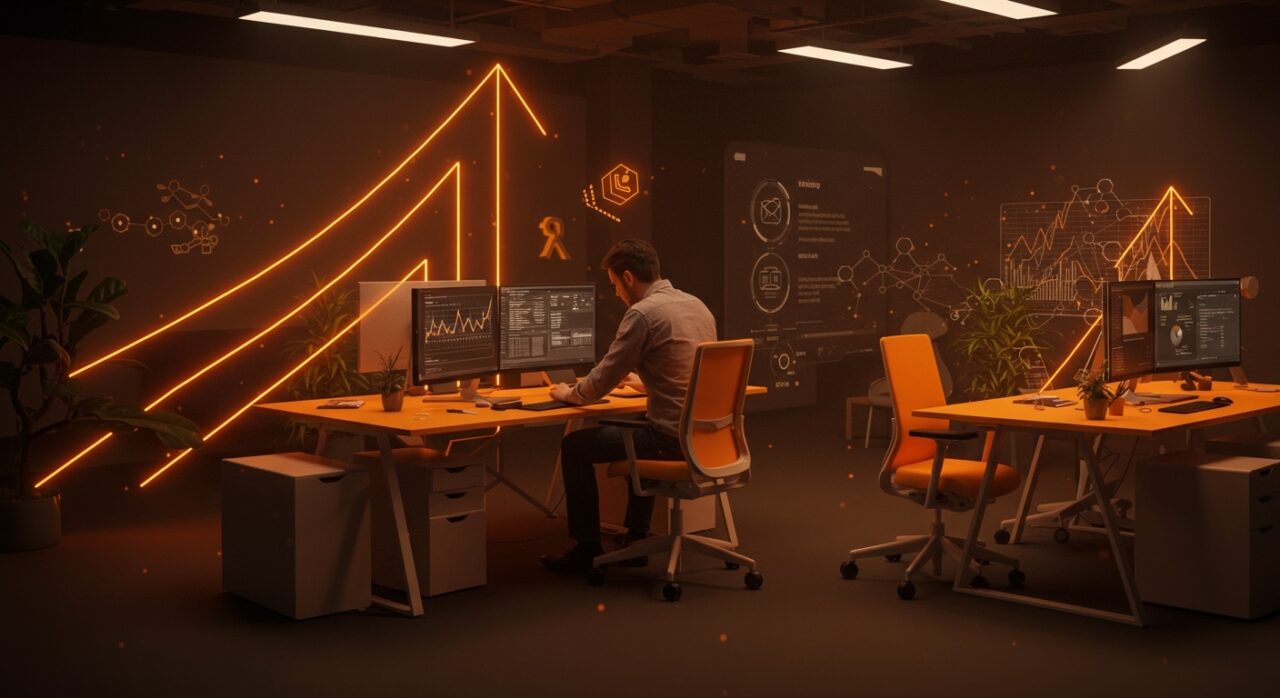 Emprendedor chileno ajustando silla ergonómica en oficina moderna, representando startup de muebles de oficina y tendencias de mobiliario ergonómico en Chile 2026.