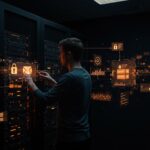 Fundador tecnológico configurando un servidor XMPP federado con Prosody y Docker, destacando comunicación descentralizada y encriptación OMEMO.