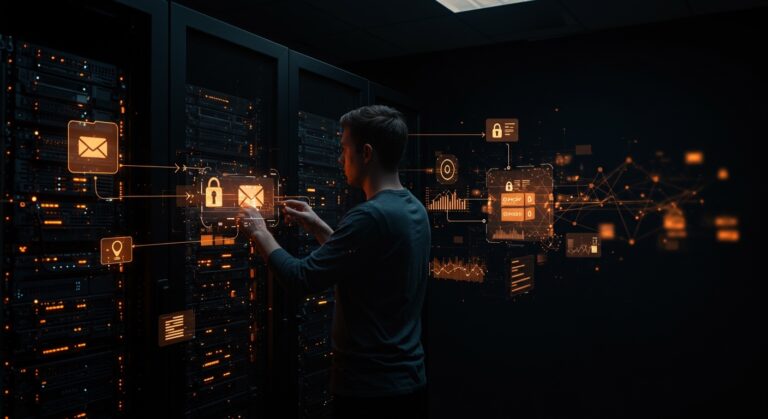 Fundador tecnológico configurando un servidor XMPP federado con Prosody y Docker, destacando comunicación descentralizada y encriptación OMEMO.