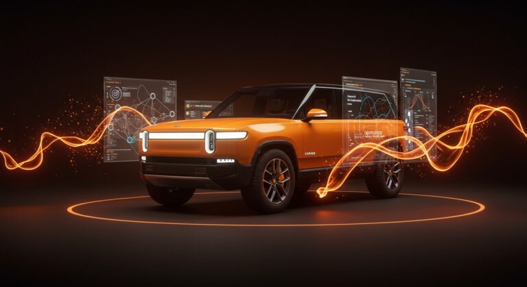 Rivian vehículo eléctrico rodeado de interfaces de software que simbolizan la monetización del software automotriz y la alianza con Volkswagen en 2025.