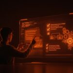 Founder tech interactuando con interfaz digital que muestra company as code y automatización organizacional en startups de tecnología.