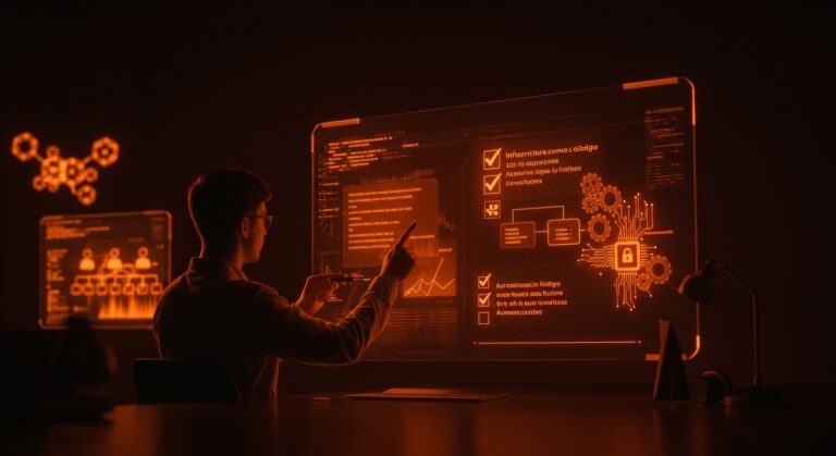 Founder tech interactuando con interfaz digital que muestra company as code y automatización organizacional en startups de tecnología.