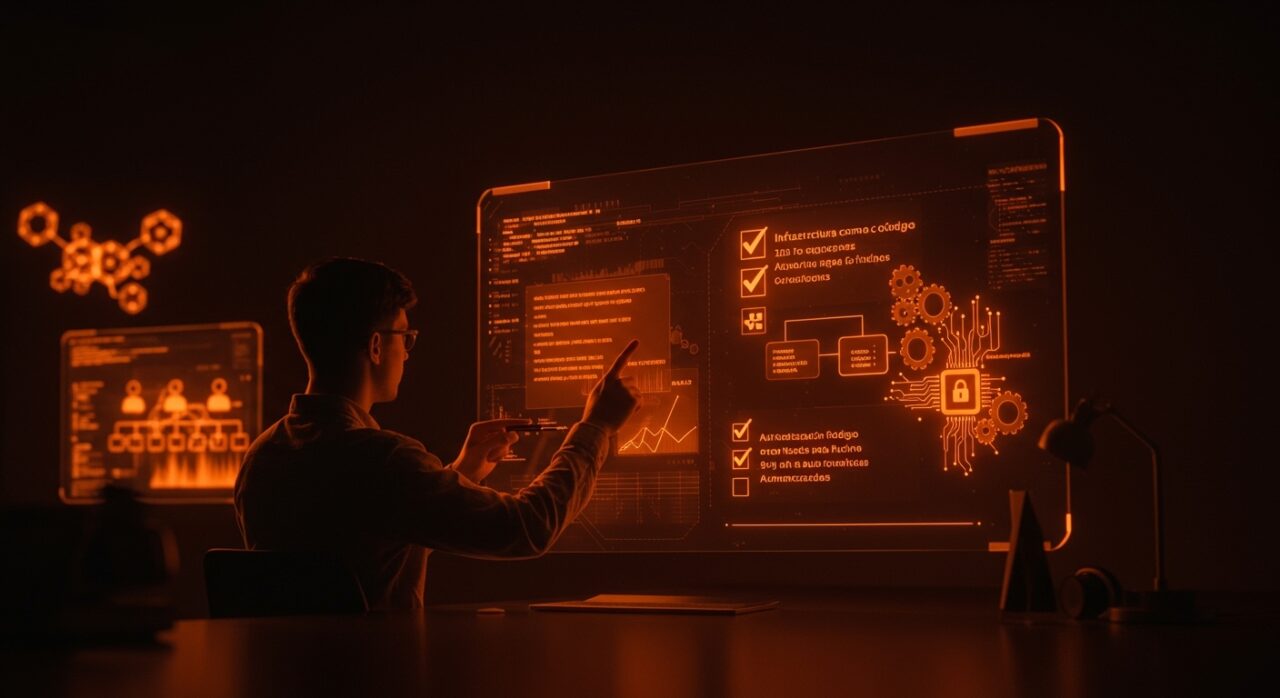 Founder tech interactuando con interfaz digital que muestra company as code y automatización organizacional en startups de tecnología.