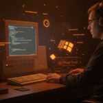 Desarrollador compilando Quake con herramientas de 1997, simbolizando lecciones de optimización y desarrollo para startups tech.