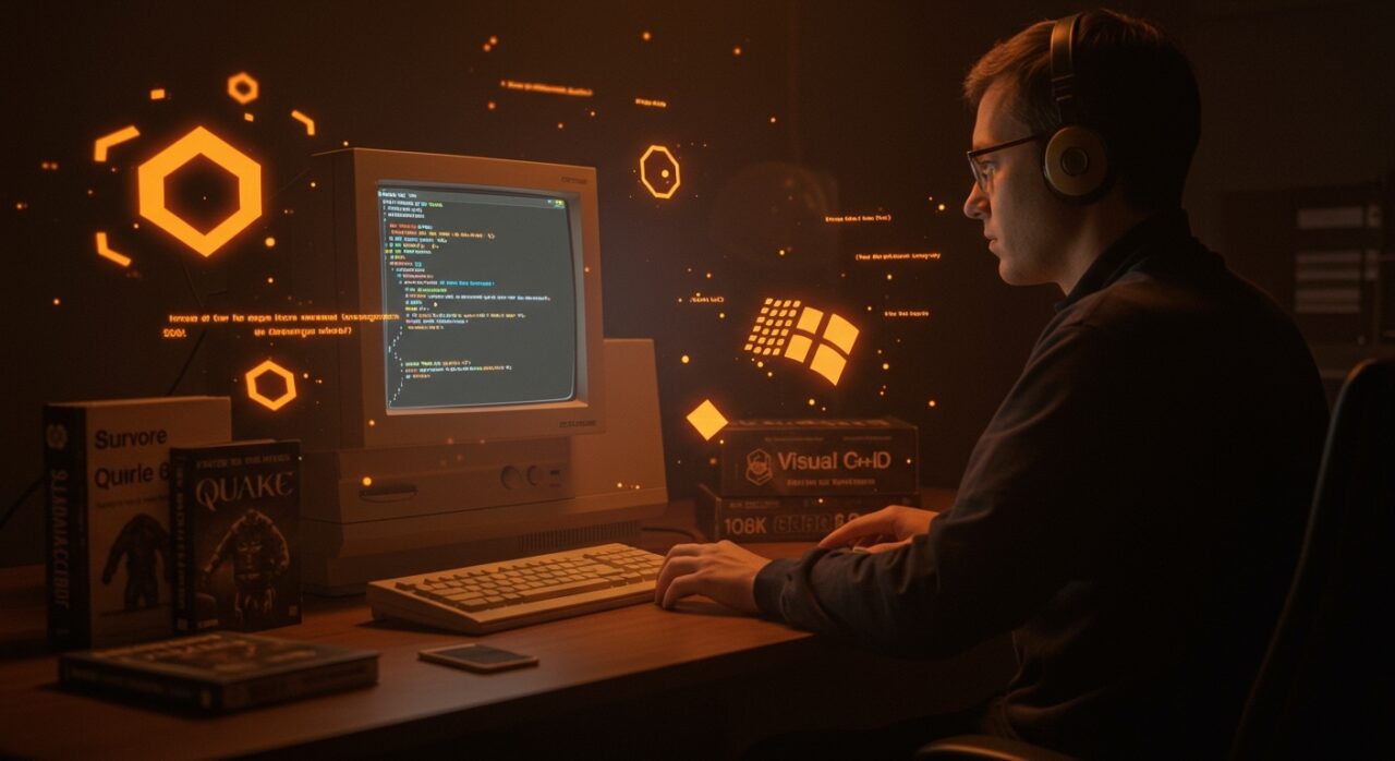 Desarrollador compilando Quake con herramientas de 1997, simbolizando lecciones de optimización y desarrollo para startups tech.