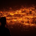 Representación visual de la complejidad tecnológica en sistemas complejos con un fundador frente a redes digitales y arquitectura de software iluminadas en tonos naranja y negro.