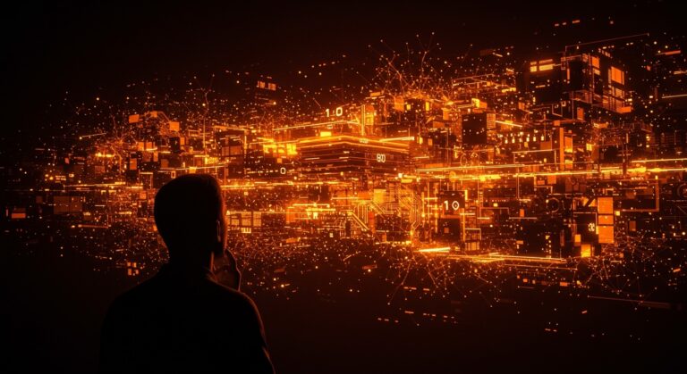 Representación visual de la complejidad tecnológica en sistemas complejos con un fundador frente a redes digitales y arquitectura de software iluminadas en tonos naranja y negro.