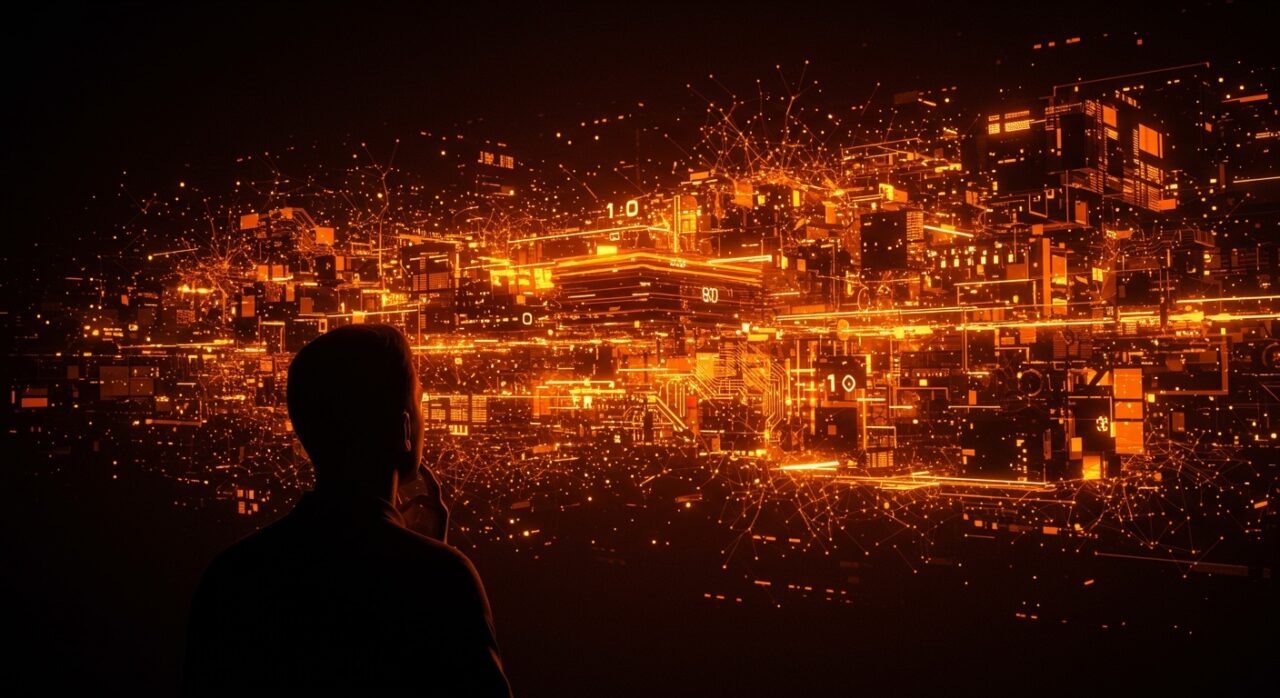 Representación visual de la complejidad tecnológica en sistemas complejos con un fundador frente a redes digitales y arquitectura de software iluminadas en tonos naranja y negro.