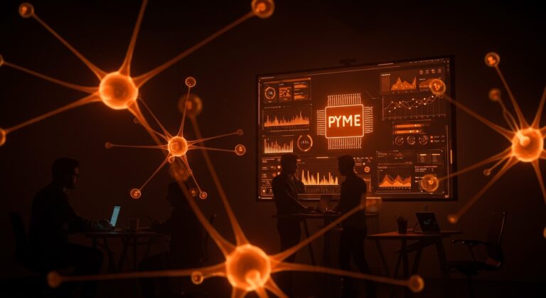 Concurso de inteligencia artificial para pymes mostrando emprendedores colaborando con tecnología IA y elementos abstractos de automatización y visibilidad para startups.