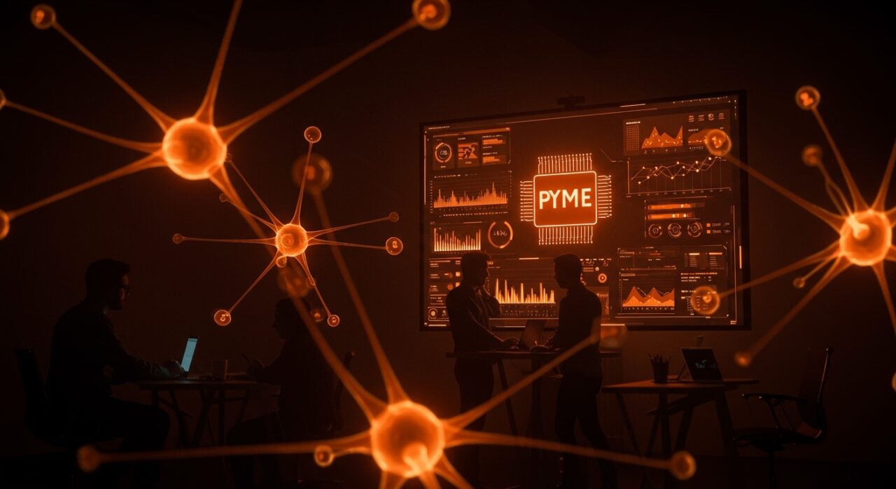 Concurso de inteligencia artificial para pymes mostrando emprendedores colaborando con tecnología IA y elementos abstractos de automatización y visibilidad para startups.