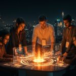 Colaboración de emprendedores en ambiente futurista con datos de fintech e innovación representando el crecimiento empresarial en Chile 2026.