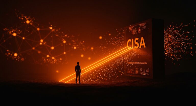 Fundador tecnológico frente a una fortaleza digital de ciberseguridad de CISA con metáforas visuales de infraestructura crítica y amenazas estatales.