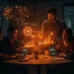 Equipo de startup tecnológico colaborando con interfaces holográficas que representan inteligencia artificial, inversión y sostenibilidad para el éxito en 2026.