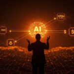 Inversión de Crypto.com en el dominio AI.com representada por un ejecutivo con un orbe digital iluminado que simboliza la convergencia de inteligencia artificial y blockchain en startups tecnológicas.