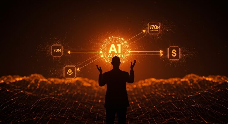 Inversión de Crypto.com en el dominio AI.com representada por un ejecutivo con un orbe digital iluminado que simboliza la convergencia de inteligencia artificial y blockchain en startups tecnológicas.