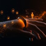 Anillo inteligente con IA para salud digital mostrando interfaz futurista y sistema de recompensas en startup tecnológica.