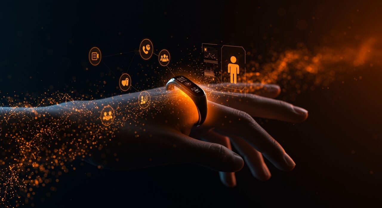 Anillo inteligente con IA para salud digital mostrando interfaz futurista y sistema de recompensas en startup tecnológica.