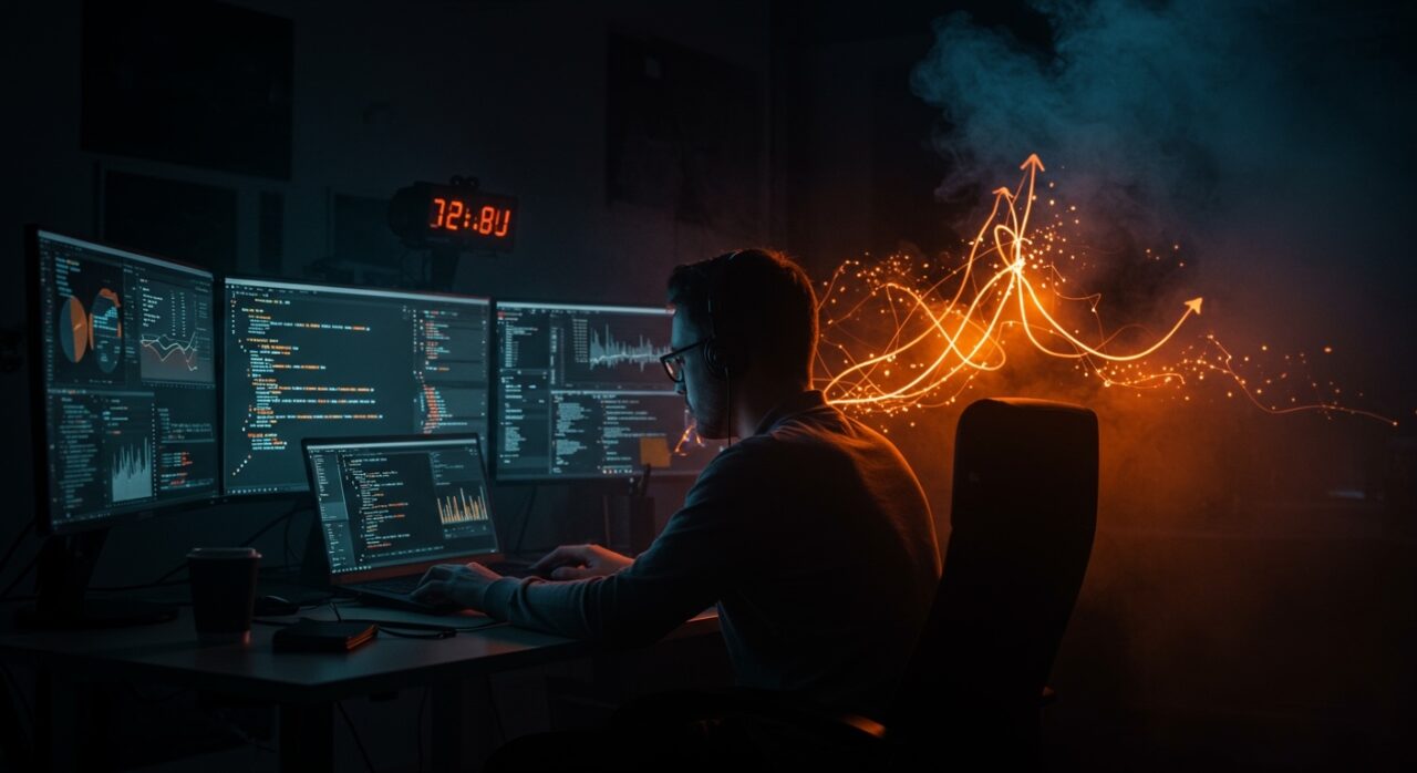 Startup de IA con cultura 996 trabajando semanas de 72 horas mostrando productividad tech y riesgo de burnout.